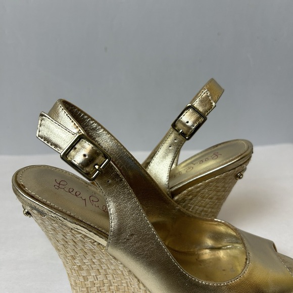 Lilly Pulitzer Shoes Womens 5.5 Gold Sandals Wedge Heels Slingback Kristen - Picture 9 of 15